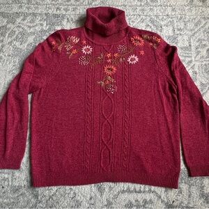 Alfred Dunner Burgundy Turtleneck Sweater with Floral Embroidery